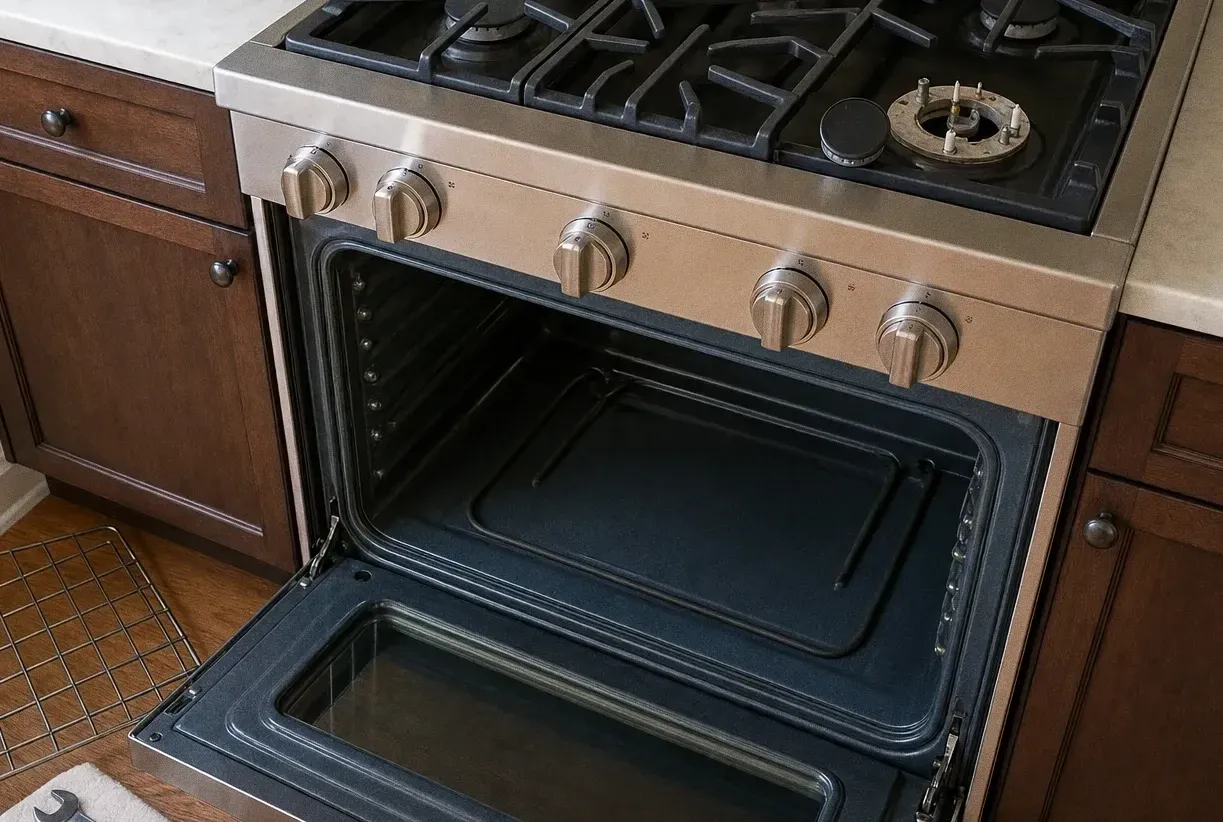Stainless gas range with the oven door lowered on an empty cavity and one cooktop burner cap lifted off
